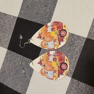 Handmade 3" fall double sided faux leather earrings, red truck, pumpkins, flower